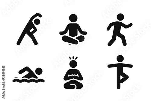 Relaxation Fitness Icons. Solid, filled icon set of relaxation fitness: stretching, yoga, tai chi, walking, swimming, deep breathing, pilates, balance pose.