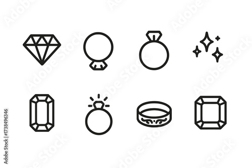 Outline Ring Icons. Outline icon set of engagement rings details: diamond, band, setting, prong, gem cut, sparkle, engraving, cushion. Line icons in only black