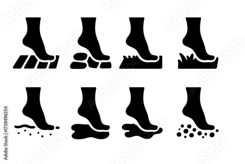 Barefoot Walking Surfaces Icons. Solid, filled icon set of barefoot walking surfaces: wood floor, stone path, carpet, grass, beach sand, mud puddle, tiles,