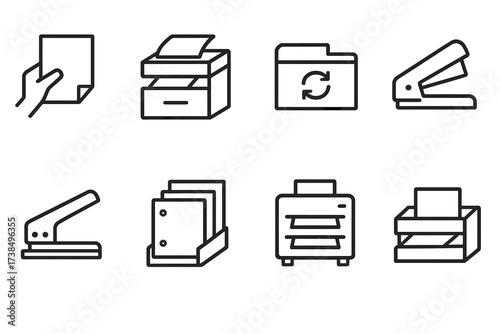 Copier Paper Icons. Outline icon set of copier paper handling: manual feed, automatic document feeder, duplexer, stapler, hole punch, sorter, stacker, output