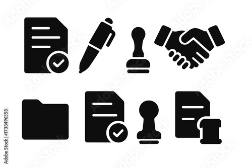 Contract Icon Set. Solid, filled icon set of contract closing: document signed, pen, handshake, seal stamp, folder closed, agreement paper, approval check,
