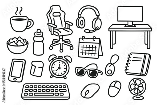 Streamer Essentials Icons. Hand-drawn doodle illustration Streamer lifestyle essentials coffee cup, gaming chair, headset, computer desk, snack bowl, water