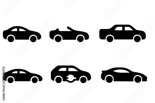 Luxury Car Icons. Solid, filled icon set of luxury car models: coupe, convertible, sedan, SUV, sports car, limousine, electric car, supercar. Solid, filled