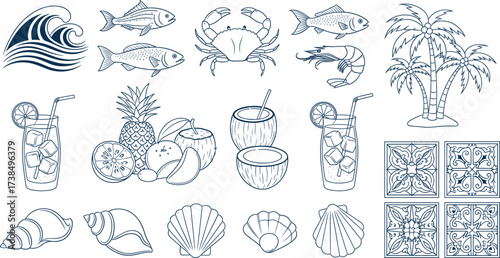 Tropical beach icon set with fruits, cocktails, fish, shrimp, crab, seashells, waves, palm trees, and decorative tiles vector