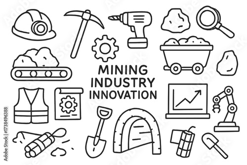 Mining Industry Doodles. Hand-drawn doodle illustration Mining industry innovation helmet, pickaxe, drill, gear, conveyor belt, ore cart, rock, safety vest,