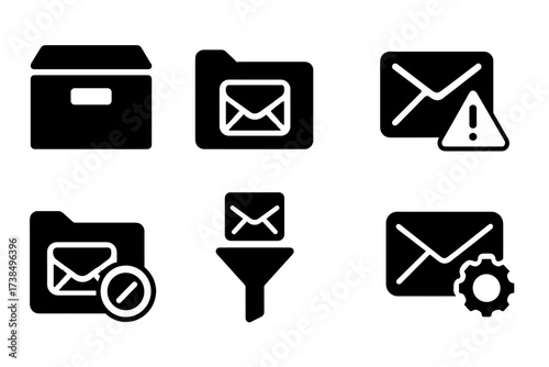 Mail Management Icons. Solid, filled icon set of mail management: archive box, mail folder, delete mail, mark important, spam folder, mail filter, mail search,