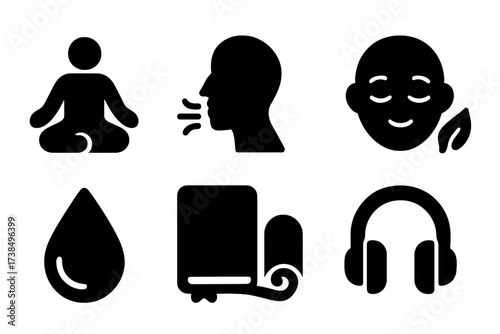 Stress Management Icons. Solid, filled icon set of stress management: meditation pose, deep breath, calm face, nature leaf, water droplet, journal, yoga mat,