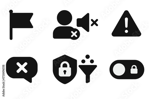 Social Media Icons. Solid, filled icon set of social media moderation: report flag, block user, mute icon, warning sign, comment bubble with cross, privacy
