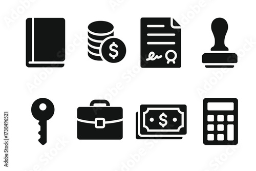 Landowner Finance Icons. Solid, filled icon set of landowner finance: ledger, coin stack, contract, stamp, key, briefcase, cash, calculator. Solid, filled