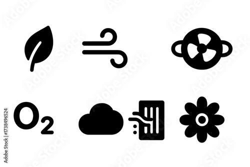 Air Purification Icons. Solid, filled icon set of air purification: leaf, wind swirl, fan, mask, oxygen molecule, cloud, filter, flower. [Line icons in only