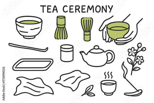 Tea Ceremony Doodles. Tea Ceremony. Hand-drawn doodle illustration Tea Ceremony matcha bowl (accented), bamboo whisk (accented), tea scoop, tea caddy, wooden