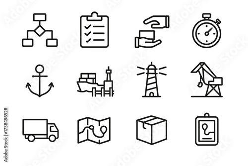 Iconic Workflow Designs. Outline icon set of dispatch workflow: process flowchart, checklist, handoff, timer, progress bar, clipboard, gears, computer screen.
