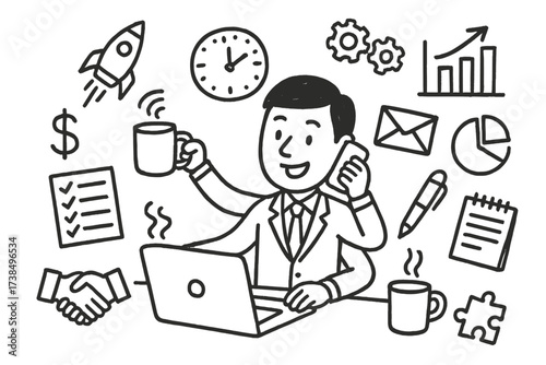 Entrepreneurial Icon Doodles. Hand-drawn doodle illustration Entrepreneur multitasking laptop, smartphone, coffee mug, clock, notebook, pen, gears, envelope,