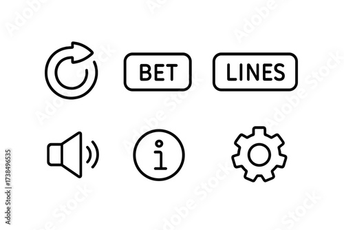 Slot Machine Icons. Outline icon set of slot machine interface: spin button, bet amount, lines selector, balance display, max bet, sound on/off, info button,
