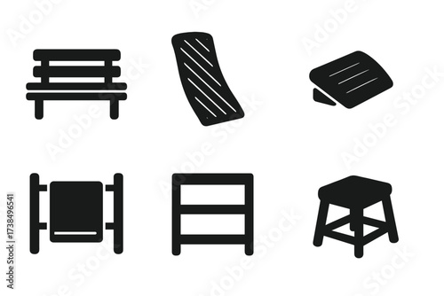 Steam Room Furniture Icons. Solid, filled icon set of steam room furniture: wooden bench, backrest, footrest, headrest, towel rack, storage shelf, stool, seat