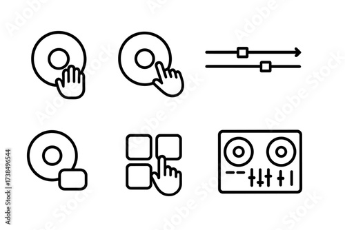 DJ Icon Set. Outline icon set of DJ actions: scratching, beatmatching, crossfading, looping, cueing, sampling, mixing, fading. [Line icons in only black color,