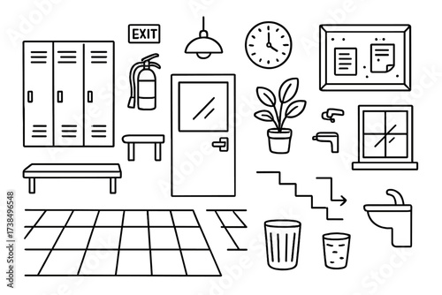 School Corridor Doodle. Hand-drawn doodle illustration school corridor lockers, door, bench, light fixture, exit sign, fire extinguisher, bulletin board,