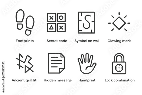 Hidden World Icons Set. Outline icon set of hidden world signs: footprints, secret code, symbol on wall, glowing mark, ancient graffiti, hidden message,