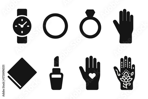 Hand Accessories Icons. Solid, filled icon set of hand accessories: wristwatch, bracelet, ring, glove, handkerchief, nail polish, tattoo, henna design. Solid,