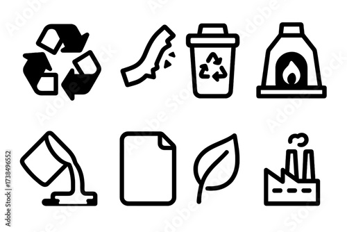 Cobalt Recycling Icons. Solid, filled icon set of cobalt recycling: recycling arrows, scrap metal, recycling bin, furnace, remelt, metal sheet, eco leaf,