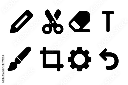 Label Editing Icons. Solid, filled icon set of label editing: pencil, scissors, eraser, text cursor, paintbrush, crop tool, settings gear, undo arrow. [Line
