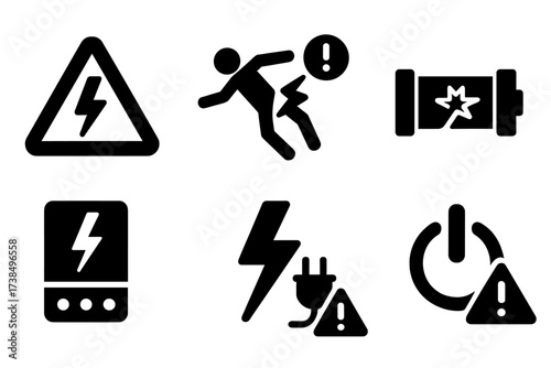 Electrical Warning Icons. Solid, filled icon set of electrical warnings: high voltage sign, electric shock, power outage, fuse blown, circuit