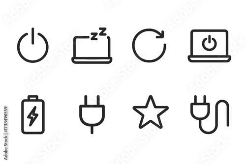 Icon Set Compilation. Outline icon set of laptop power management: power button, sleep mode, restart, shutdown, battery saver, plug-in, energy star, power