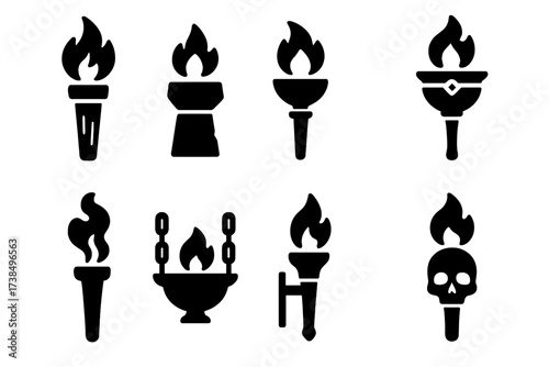Ancient Torch Icons. Solid, filled icon set of ancient torches: wooden torch, stone torch, bronze torch, ceremonial torch, torch with smoke, torch with chains,