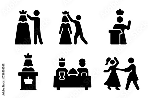 Queen's Icon Ceremonies. Solid, filled icon set of queen?s ceremonies: coronation, crown placement, royal procession, oath taking, royal speech, banquet, court