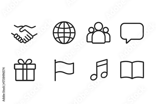 Cultural Exchange Icons. Outline icon set of cultural exchange: handshake, globe, group of people, speech bubble, gift box, flag, music note, book. Line icons