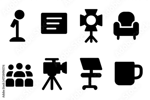 Talk Show Icons. Solid, filled icon set of talk show host features: microphone stand, cue card, spotlight, guest chair, audience seats, camera, teleprompter,