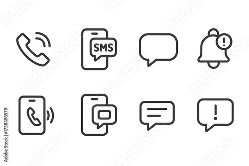 Communication Icon Set. Outline icon set of phone message alerts: ringing phone, SMS notification, chat bubble, alert bell, vibration waves, notification