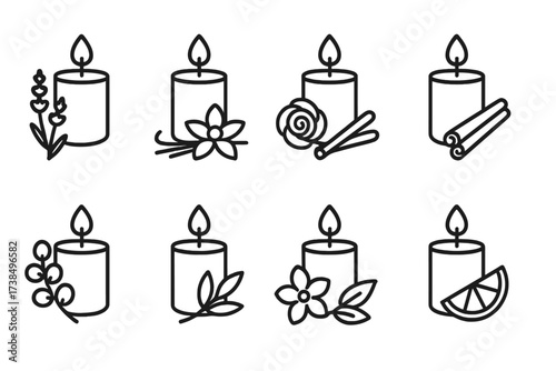 Scented Candle Icons. Outline icon set of scented candles: lavender, vanilla, rose, cinnamon, eucalyptus, sandalwood, jasmine, citrus. Line icons in only black