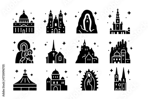 Pilgrimage Sites Icon Grid. Famous pilgrimage sites. Solid icons set of St. Peter?s Basilica, Santiago de Compostela, Lourdes grotto, Fatima shrine,