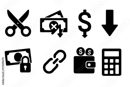 Cutting Expenses Icons. Solid, filled icon set of cutting expenses: scissors, crossed bills, shrinking dollar sign, down arrow, cash with lock, broken chain,