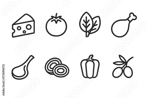Flatbread Toppings Icons. Outline icon set of flatbread toppings and fillings: cheese, tomato, spinach, chicken, lamb, onions, peppers, olives. Line icons in