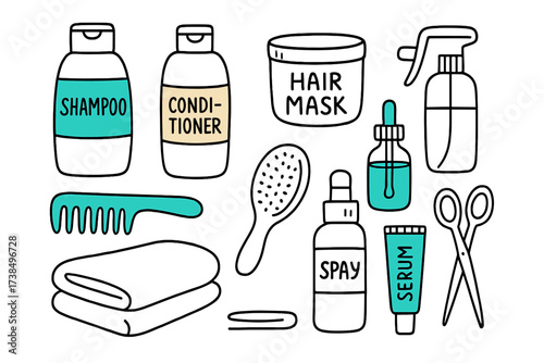Hair Care Essentials. Hair care. Hand-drawn doodle illustration hair care shampoo bottle (colored), conditioner bottle (colored), hair mask jar, hair oil
