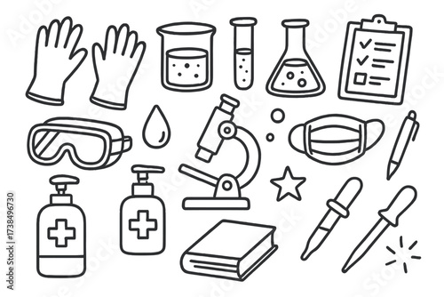 Science Lab Doodles. Hand-drawn doodle illustration Rubber gloves in lab gloves, beaker, test tube, flask, microscope, droplet, bubble, clipboard, pen,