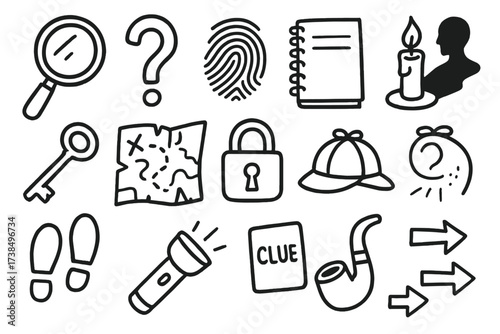 Mystery Clue Icons. Hand-drawn doodle illustration mystery clue magnifying glass, question mark, fingerprint, notebook, candle, shadow, key, map, lock,