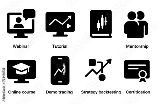 Trading Education Icons. Solid, filled icon set of trading education: webinar, tutorial, trading journal, mentorship, online course, demo trading, strategy