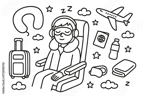 Travel Essentials Doodle. Using Travel Pillow. Hand-drawn doodle illustration neck pillow, airplane seat, sleeping passenger, eye mask, headphones, suitcase,