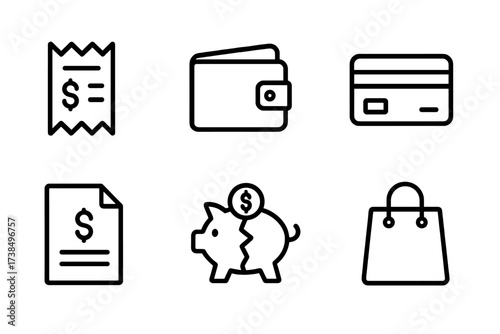 Finance Icons Grid. Outline icon set of expense: receipt, wallet, calculator, credit card, invoice, cash outflow, piggy bank breaking, shopping bag. Line icons