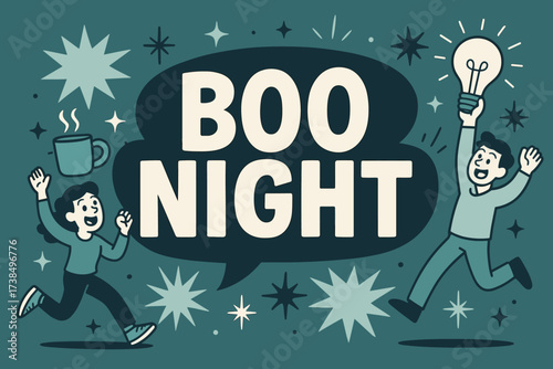 BooNight Celebration Banner. BooNight banner, flat vector illustration, bold oversized text inside rounded blob, cartoon characters running and cheering around