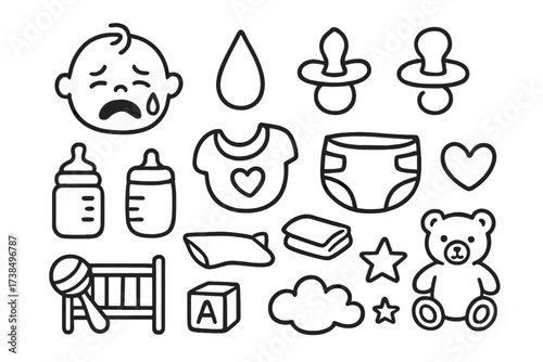 Baby Essentials Doodle. Hand-drawn doodle illustration Baby tears baby face, tear drop, pacifier, bottle, diaper, bib, crib, blanket, pillow, rattle, toy