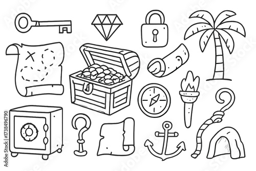 Treasure Hunt Icons. Hand-drawn doodle illustration hidden treasure treasure chest, map, key, lock, compass, diamond, gold coin, safe, torch, cave, scroll,