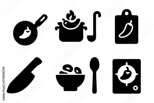 Spicy Cooking Icons. Solid, filled icon set of spicy bean cooking utensils: frying pan, pot, ladle, cutting board, knife, bowl, spoon, stove. [Line icons in