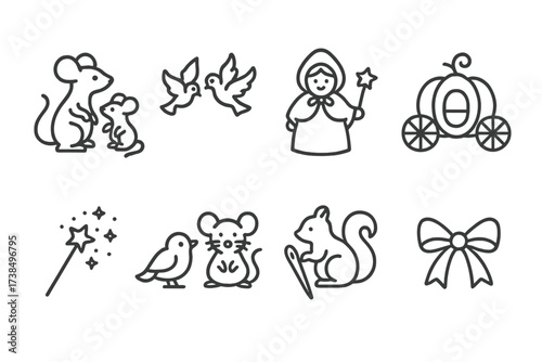 Cinderella's Helper Icons. Outline icon set of Cinderella?s helpers: mice, birds, fairy godmother, pumpkin coach, magic wand, animal friends, sewing needle,