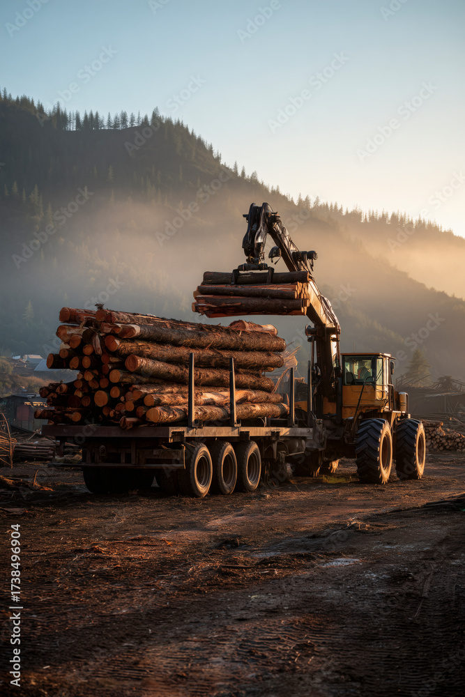 Fototapeta premium Lumber truck loading in a hazy forestry setting