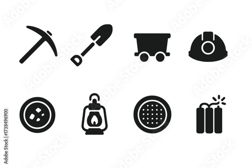 Gold Mining Tools Icons. Solid, filled icon set of gold mining tools: pickaxe, shovel, pan, mining helmet, cart, lantern, sieve, dynamite. Solid, filled icons