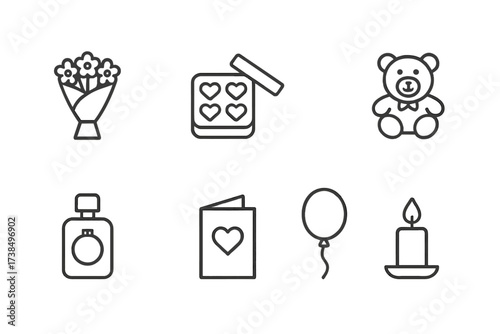 Serenade Gift Icons. Outline icon set of serenade gifts: bouquet, box of chocolates, ring, teddy bear, perfume, card, balloon, candle. Line icons in only black